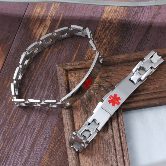 Picture of Stainless Steel Bracelets Silver Tone Red Rectangle Medical Alert ID Caduceus Enamel 21.5cm(8 4/8") long, 1 Piece