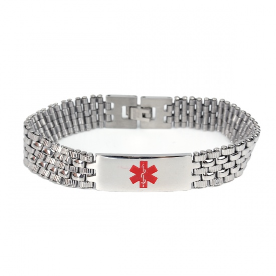 Picture of Stainless Steel Bracelets Silver Tone Red Rectangle Medical Alert ID Caduceus Enamel 21.5cm(8 4/8") long, 1 Piece