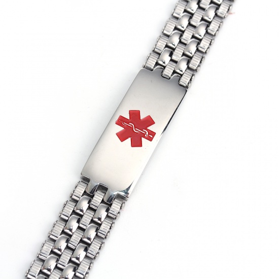 Picture of Stainless Steel Bracelets Silver Tone Red Rectangle Medical Alert ID Caduceus Enamel 21.5cm(8 4/8") long, 1 Piece