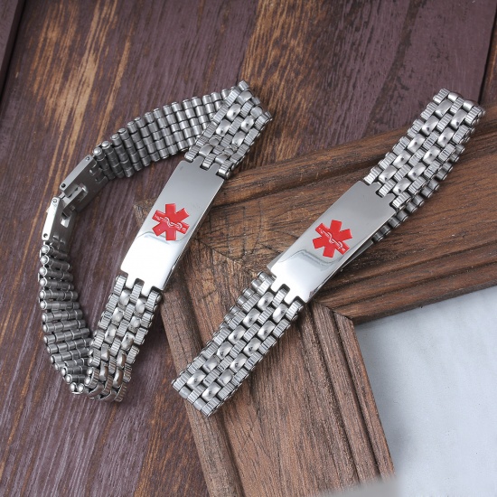 Picture of Stainless Steel Bracelets Silver Tone Red Rectangle Medical Alert ID Caduceus Enamel 21.5cm(8 4/8") long, 1 Piece