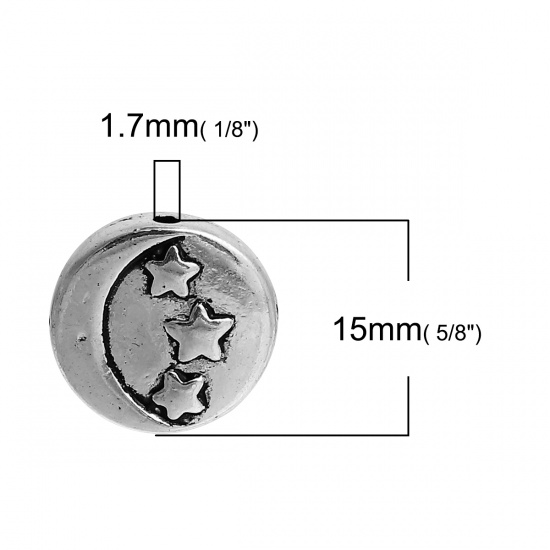 Picture of Zinc Based Alloy Spacer Beads Round Antique Silver Color Star Moon About 15mm Dia, Hole: Approx 1.7mm, 5 PCs