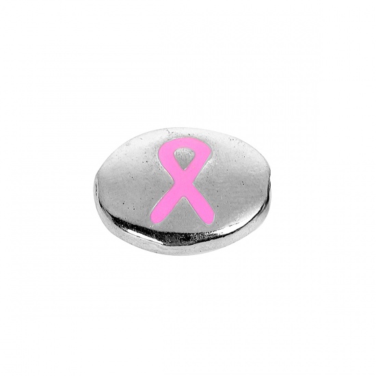 Picture of Zinc Based Alloy Spacer Beads Flat Round Silver Tone Pink Ribbon Enamel 15mm x 12mm, Hole: Approx 1.1mm, 3 PCs