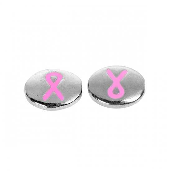 Picture of Zinc Based Alloy Spacer Beads Flat Round Silver Tone Pink Ribbon Enamel 15mm x 12mm, Hole: Approx 1.1mm, 3 PCs