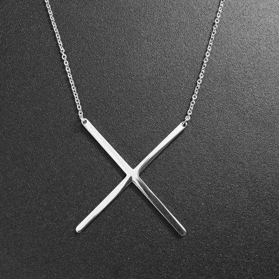 Picture of Stainless Steel Necklace Silver Tone Initial Alphabet/ Letter " X " 51cm(20 1/8") long, 1 Piece