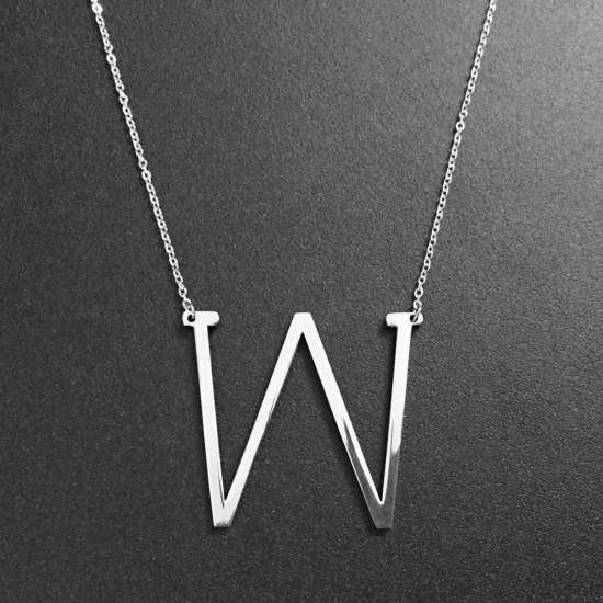 Picture of Stainless Steel Necklace Silver Tone Initial Alphabet/ Letter " W " 52cm(20 4/8") long, 1 Piece