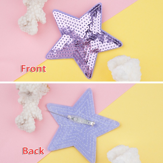 Picture of Polyester Pin Brooches Pentagram Star Appliques Patches DIY Scrapbooking Silver Purple Sequins 9cm(3 4/8") x 9cm(3 4/8"), 1 Piece