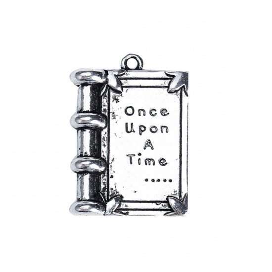 Immagine di Lega di Zinco Charms Rettangolo Argento Antico Messaggio " Once Upon a Time " 17mm x 12mm , 20 Pz