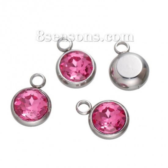Immagine di 304 Acciaio Inossidabile Luglio Pietre Nascita Charms Tondo Tono Argento Rosso Prugna Strass Sfaccettato 14mm x 10mm , 1 Pz
