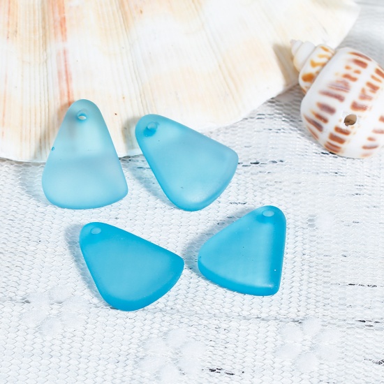 Picture of Resin Sea Glass Charms Triangle Lake Blue Frosted 20mm( 6/8") x 15mm( 5/8"), 5 PCs