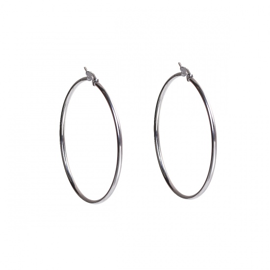 Picture of 304 Stainless Steel Hoop Earrings Silver Tone 65mm(2 4/8") x 63mm(2 4/8"), Post/ Wire Size: (21 gauge), 1 Pair