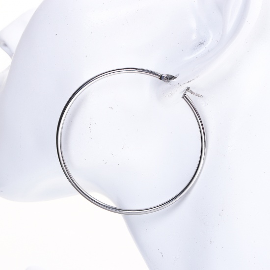 Picture of 304 Stainless Steel Hoop Earrings Silver Tone 85mm(3 3/8") x 83mm(3 2/8"), Post/ Wire Size: (21 gauge), 1 Pair
