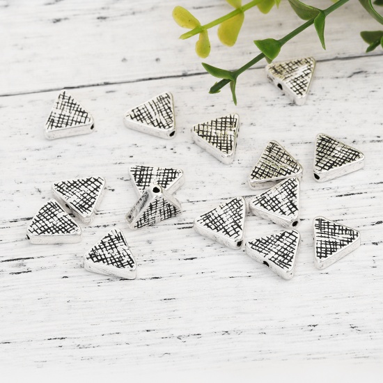 Picture of Zinc Based Alloy Spacer Beads Triangle Antique Silver Color Grid Checker 14mm x 12mm, Hole: Approx 1.8mm, 10 PCs