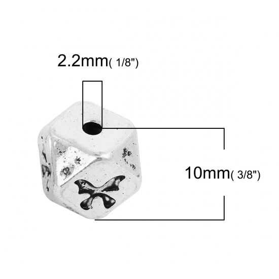 Picture of Zinc Based Alloy Spacer Beads Square Antique Silver Color Butterfly Faceted About 10mm x 10mm, Hole: Approx 2.2mm, 5 PCs