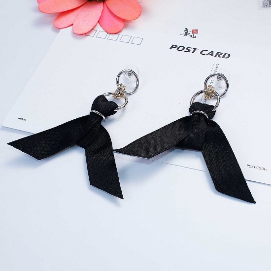 Picture of Fabric Earrings Silver Tone Black Ribbon Clear Rhinestone 9.5cm(3 6/8"), Post/ Wire Size: (21 gauge), 1 Pair