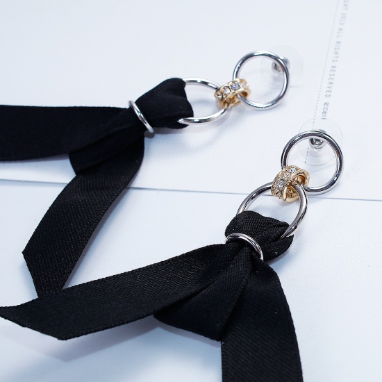 Picture of Fabric Earrings Silver Tone Black Ribbon Clear Rhinestone 9.5cm(3 6/8"), Post/ Wire Size: (21 gauge), 1 Pair