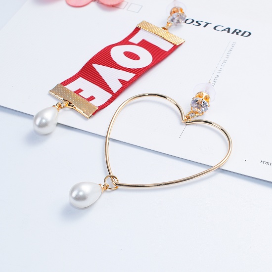 Picture of Fabric Asymmetric Earrings Gold Plated Red Ribbon Heart Clear Rhinestone Acrylic Imitation Pearl 10.5cm x2.5cm(4 1/8" x1") 8.5cm x5.5cm(3 3/8" x2 1/8"), Post/ Wire Size: (21 gauge), 1 Pair
