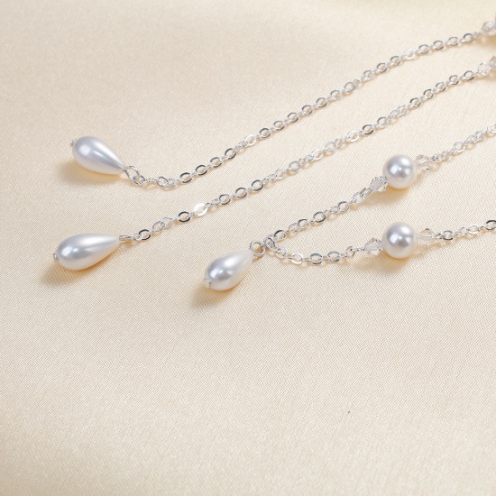 Picture of Acrylic Back Wedding Necklace Silver Plated Round Drop White Imitation Pearl 118.5cm(46 5/8") long, 1 Piece