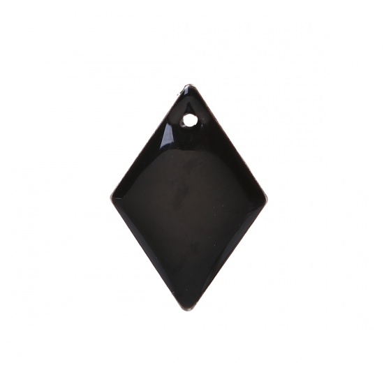 Picture of Brass Enamelled Sequins Charms Rhombus Silver Tone Black Enamel 16mm( 5/8") x 11mm( 3/8"), 10 PCs                                                                                                                                                             
