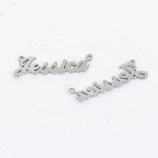 Picture of 304 Stainless Steel Name Connectors Silver Tone Message " Jessica " 30mm(1 1/8") x 10mm( 3/8"), 1 Piece