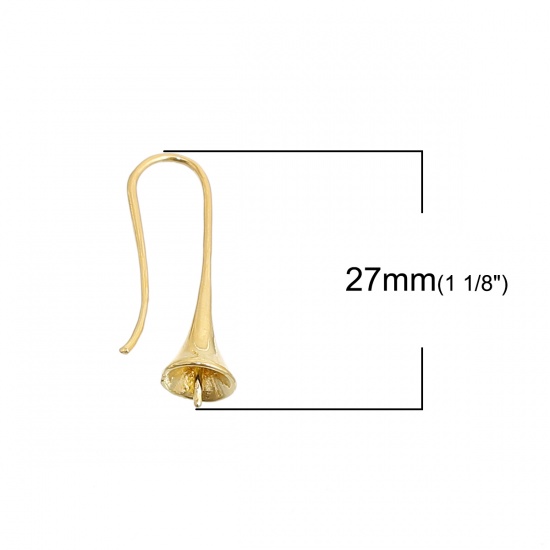 Picture of Brass Ear Wire Hooks Earring Findings Morning Glory Flower Gold Plated (Fits 8mm Beads) 27mm(1 1/8") x 8mm( 3/8"), Post/ Wire Size: (19 gauge), 5 PCs                                                                                                         