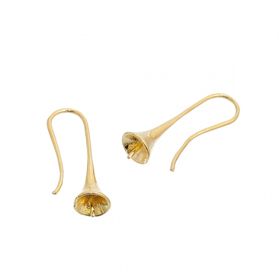 Picture of Brass Ear Wire Hooks Earring Findings Morning Glory Flower Gold Plated (Fits 8mm Beads) 27mm(1 1/8") x 8mm( 3/8"), Post/ Wire Size: (19 gauge), 5 PCs                                                                                                         