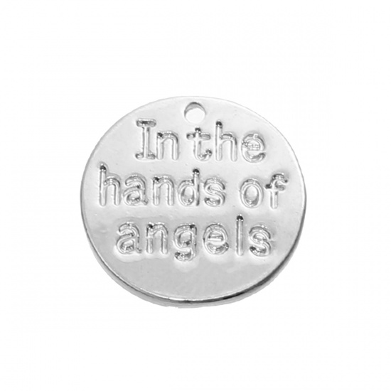 Immagine di Lega di Zinco Charms Tondo Tono Argento Messaggio " In the hands of angels " 15mm Dia, 10 Pz