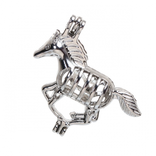 Immagine di Rame Medaglione di 3D Perla Puntale Gioielli Ciondoli Cavallo Tono Argento Possibile Aprire (Adatto 8mm Perline) 35mm x 32mm , 1 Pz