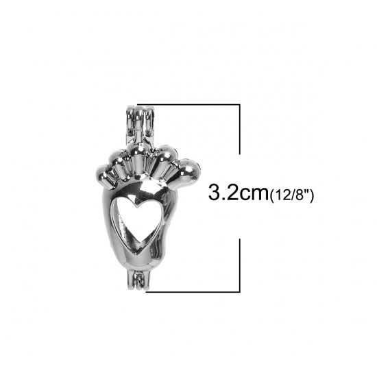 Picture of Copper 3D Wish Pearl Locket Jewelry Pendants Feet Silver Tone Heart Can Open (Fit Bead Size: 8mm) 32mm(1 2/8") x 15mm( 5/8"), 1 Piece