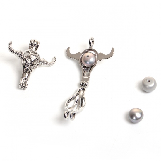 Picture of Brass 3D Wish Pearl Locket Jewelry Pendants Cow Silver Tone Can Open (Fit Bead Size: 8mm) 26mm(1") x 25mm(1"), 1 Piece