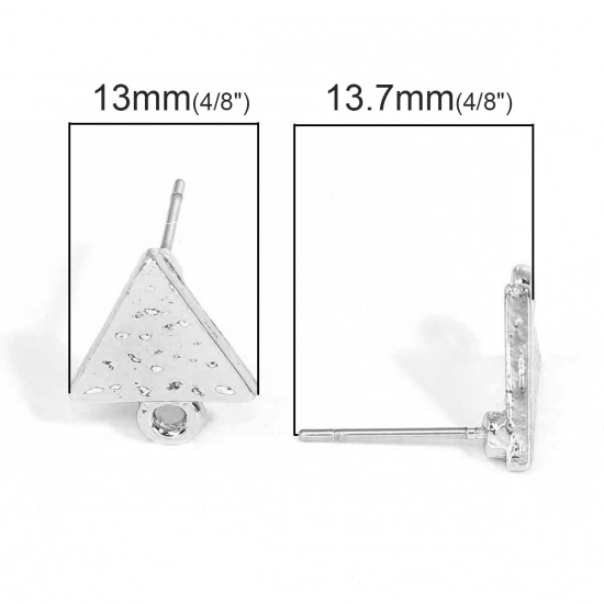 Picture of Zinc Based Alloy Ear Post Stud Earrings Findings Triangle Silver Tone W/ Loop 13mm x 11mm, Post/ Wire Size: (21 gauge), 10 PCs