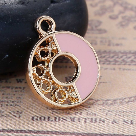 Picture of Zinc Based Alloy Contrast Color Charms Round Gold Plated Pink Enamel 16mm( 5/8") x 14mm( 4/8"), 10 PCs