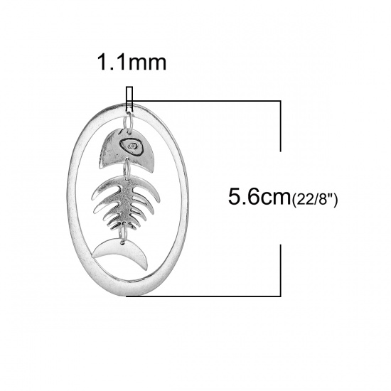 Picture of Zinc Based Alloy Pendants Fish Bone Antique Silver Color Oval 56mm(2 2/8") x 35mm(1 3/8"), 5 PCs