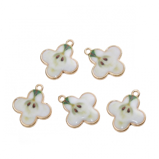 Picture of Zinc Based Alloy Charms Apple Fruit Gold Plated White & Green Cross 20mm( 6/8") x 17mm( 5/8"), 5 PCs