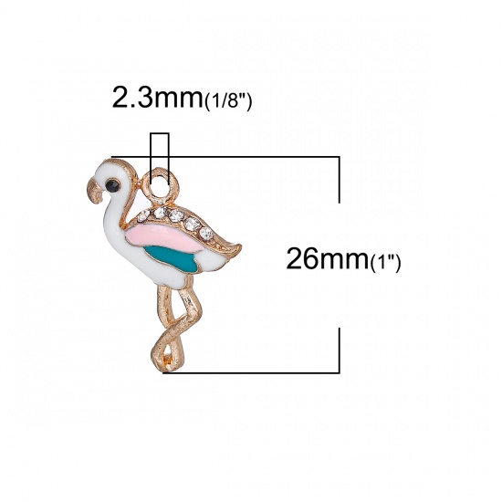 Immagine di Lega di Zinco Charms Fenicottero Oro Placcato Bianco & Rosa Trasparente Strass Smalto 26mm x 18mm , 5 Pz