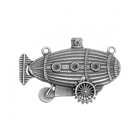 Bild von Zinklegierung Steampunk Verbinder Schiff Antiksilber mit Zahnrad Muster 49mm x 33mm, 2 Stück