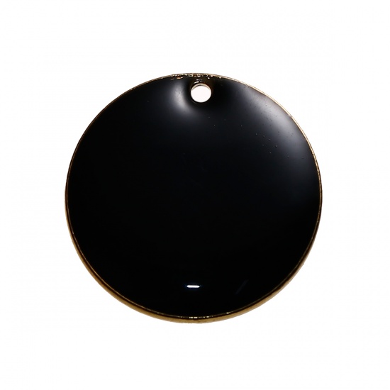 Picture of Brass Enamelled Sequins Charms Round Unplated Black Enamel 16mm( 5/8") Dia, 5 PCs                                                                                                                                                                             