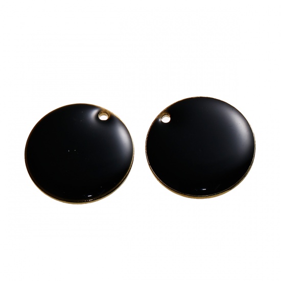 Picture of Brass Enamelled Sequins Charms Round Unplated Black Enamel 16mm( 5/8") Dia, 5 PCs                                                                                                                                                                             