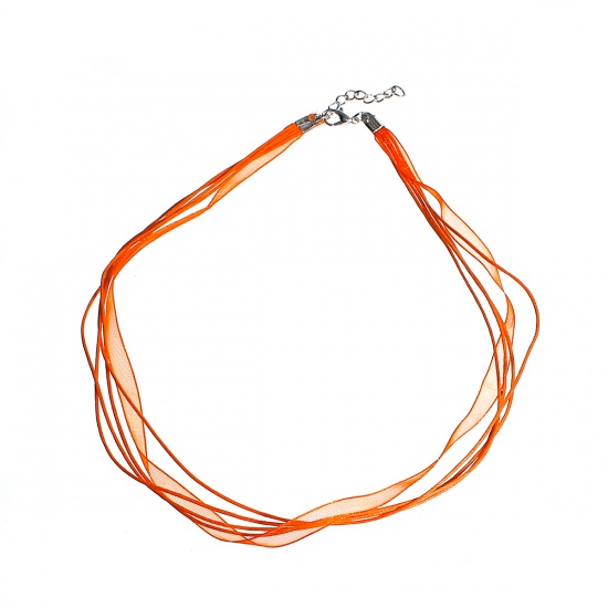 Picture of Organza Ribbon & Wax Cord String Necklace Orange 45cm(17 6/8") long, 10 PCs