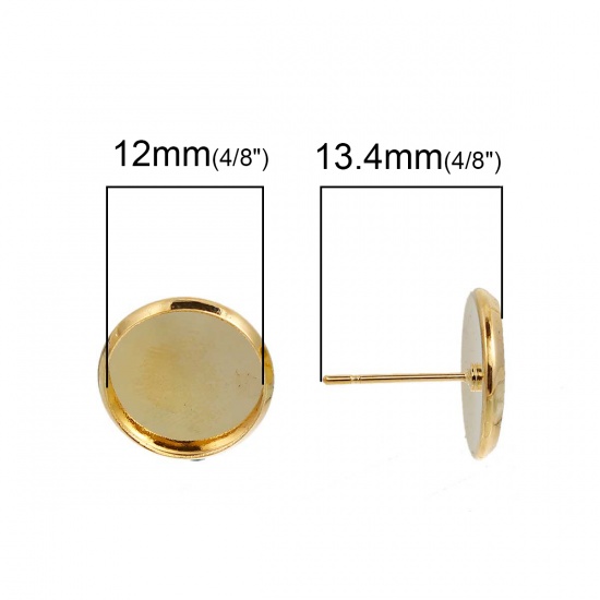 Picture of Brass Ear Post Stud Earrings Findings Round Gold Plated Cabochon Settings (Fit 12mm Dia.) 14mm( 4/8") x 13mm( 4/8"), Post/ Wire Size: (21 gauge), 10 PCs                                                                                                      