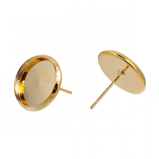 Picture of Brass Ear Post Stud Earrings Findings Round Gold Plated Cabochon Settings (Fit 12mm Dia.) 14mm( 4/8") x 13mm( 4/8"), Post/ Wire Size: (21 gauge), 10 PCs                                                                                                      