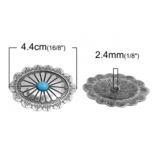 Picture of Zinc Based Alloy & Resin Metal Sewing Buttons Oval Antique Silver Color 44mm(1 6/8") x 32mm(1 2/8"), 2 PCs