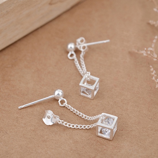 Picture of Brass Ear Chain Silver Tone Square Clear Rhinestone 26mm(1") x 8mm( 3/8"), Post/ Wire Size: (20 gauge), 1 Pair                                                                                                                                                