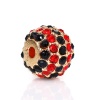 Image de Perles en Alliage de Zinc Forme Rond Doré avec Strass Noir & Rouge, Diamètre: 11mm, Tailles de Trous: 2.4mm, 1 Pièce