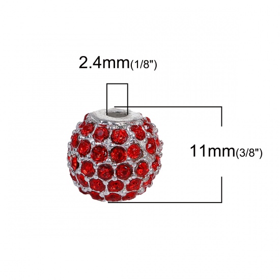 Immagine di Lega di Zinco Perline Tondo Argento Placcato Rosso Strass Circa 11mm Dia, Foro: Circa 2.4mm, 1 Pz