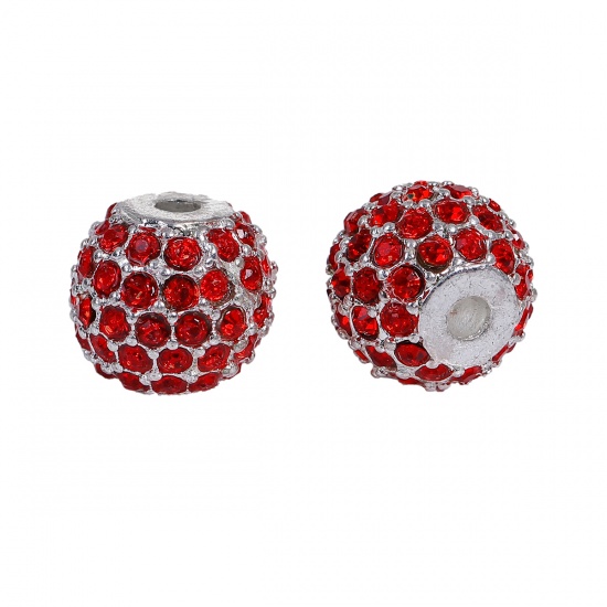 Picture of Zinc Based Alloy Beads Round Silver Plated Red Rhinestone About 11mm Dia, Hole: Approx 2.4mm, 1 Piece