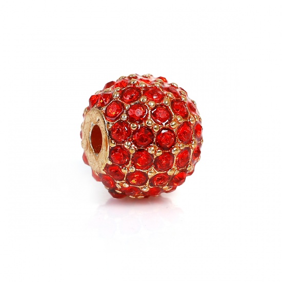 Picture of Zinc Based Alloy Beads Round Gold Plated Red Rhinestone About 11mm Dia, Hole: Approx 2.4mm, 1 Piece