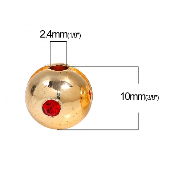 Picture of Stainless Steel Spacer Beads Ball Gold Plated Red Rhinestone About 10mm( 3/8") Dia, Hole: Approx 2.4mm, 1 Piece
