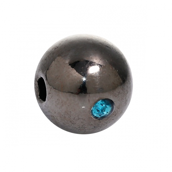 Picture of Stainless Steel Spacer Beads Ball Gunmetal Lake Blue Rhinestone About 10mm( 3/8") Dia, Hole: Approx 2.5mm, 1 Piece