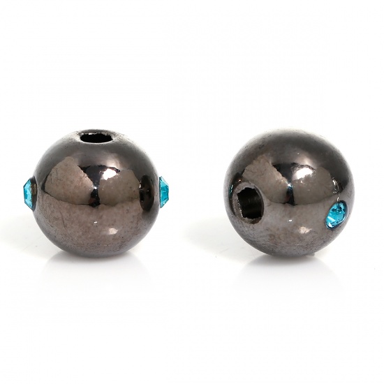 Picture of Stainless Steel Spacer Beads Ball Gunmetal Lake Blue Rhinestone About 10mm( 3/8") Dia, Hole: Approx 2.5mm, 1 Piece