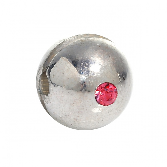 Picture of Stainless Steel Spacer Beads Ball Silver Tone Pink Rhinestone About 10mm( 3/8") Dia, Hole: Approx 2.5mm, 1 Piece